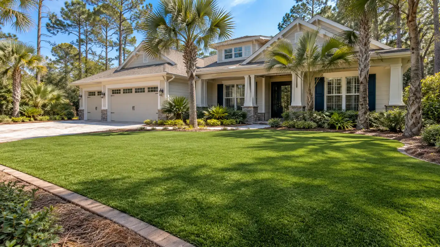 Artificial grass front lawn Concept rendering: artificial grass front lawn with paver edging at a craftsman home among pines in Nassau County, FL