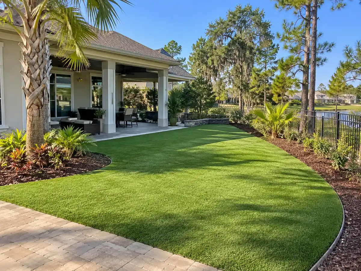Turf backyard by a lanai Concept rendering: artificial turf backyard with a paver edge and mulch beds beside a covered lanai in Nassau County, FL
