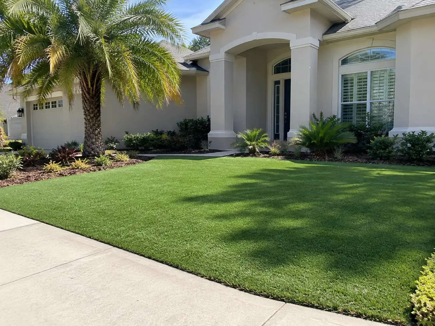 Artificial turf front lawn Concept rendering: artificial turf front lawn beside a concrete walk at a stucco home with a palm in Nassau County, FL