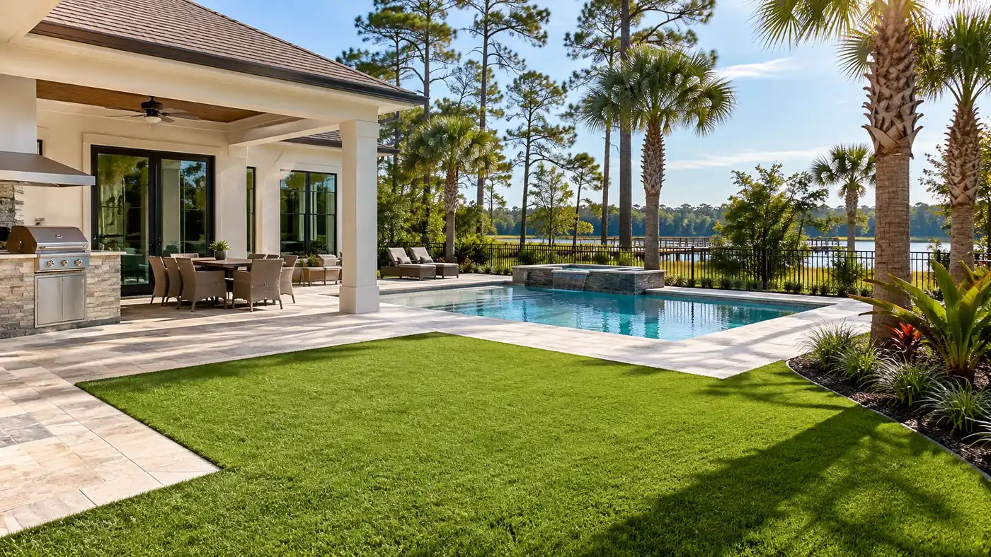 Turf beside a pool deck Concept rendering: artificial turf beside a travertine pool deck and outdoor kitchen in Nassau County, FL
