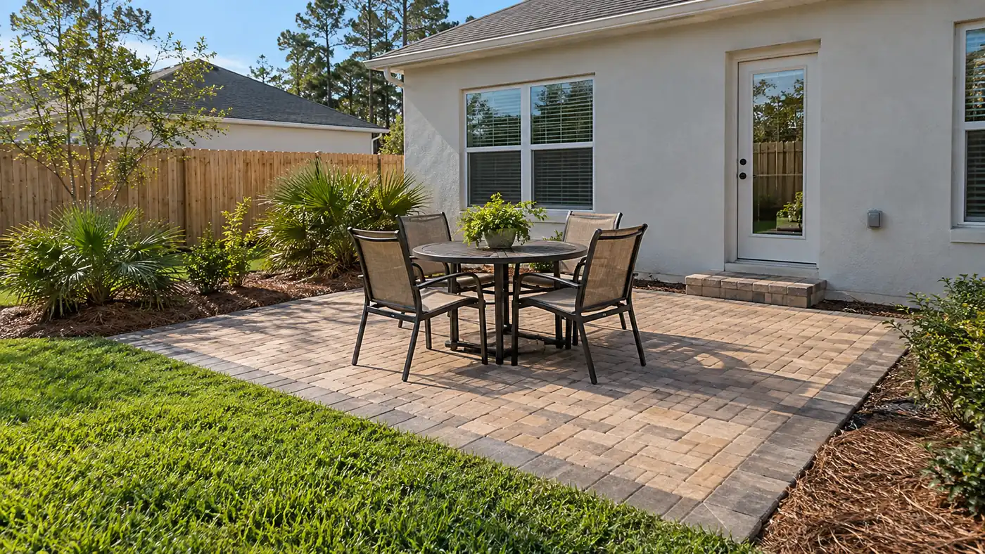 Backyard dining patio Concept rendering: backyard paver patio with a round dining set behind a stucco home in Nassau County, FL