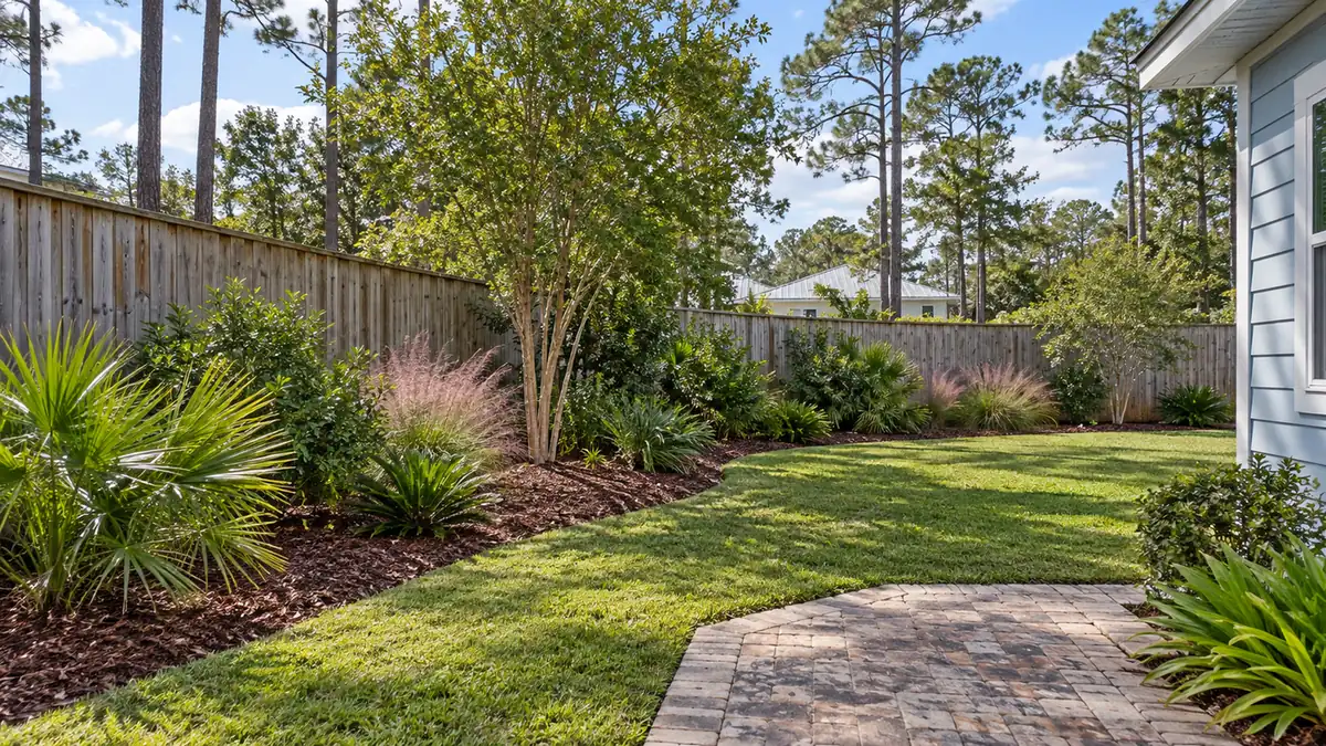 Backyard plant beds Concept rendering: backyard plant beds with pink muhly grass, palmettos and a paver pad along a fence in Nassau County, FL