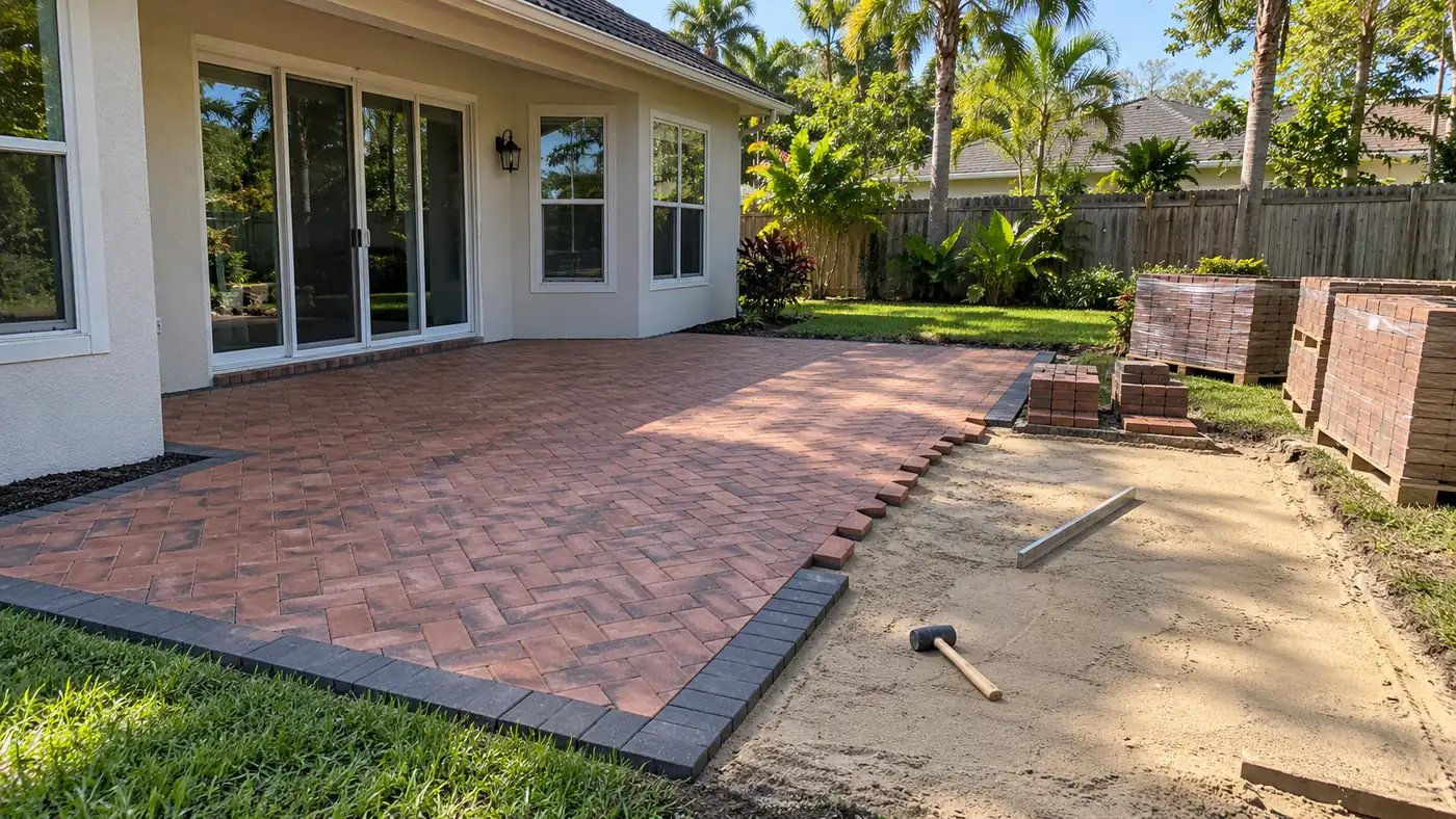 Patio under construction Concept rendering: brick paver patio being laid in herringbone over screeded bedding sand in Nassau County, FL