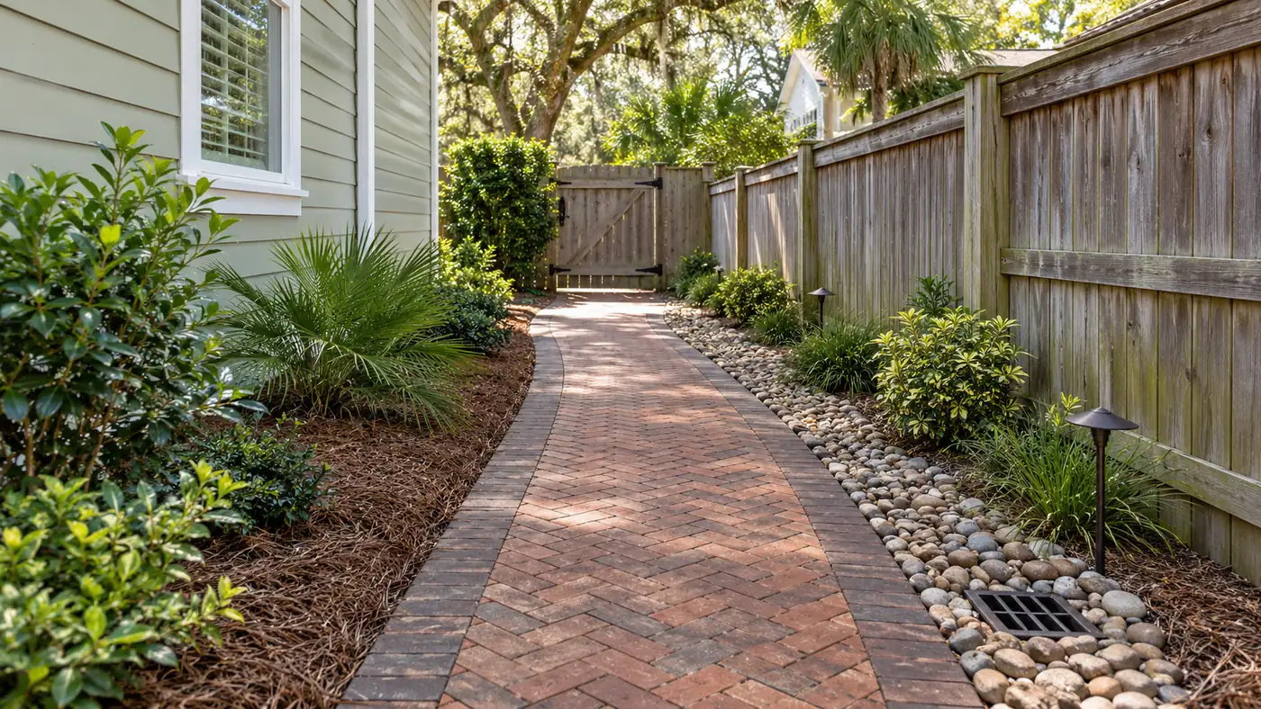 Brick paver side path Concept rendering: brick paver side yard path with a river rock drain strip along a wood fence in Nassau County, FL