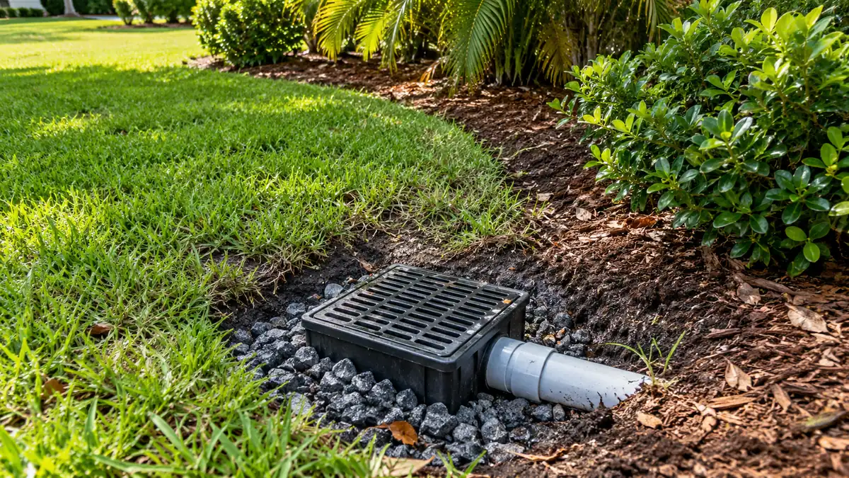 Catch basin install Concept rendering: catch basin with a grate, gravel surround and PVC outlet at a lawn edge in Nassau County, FL