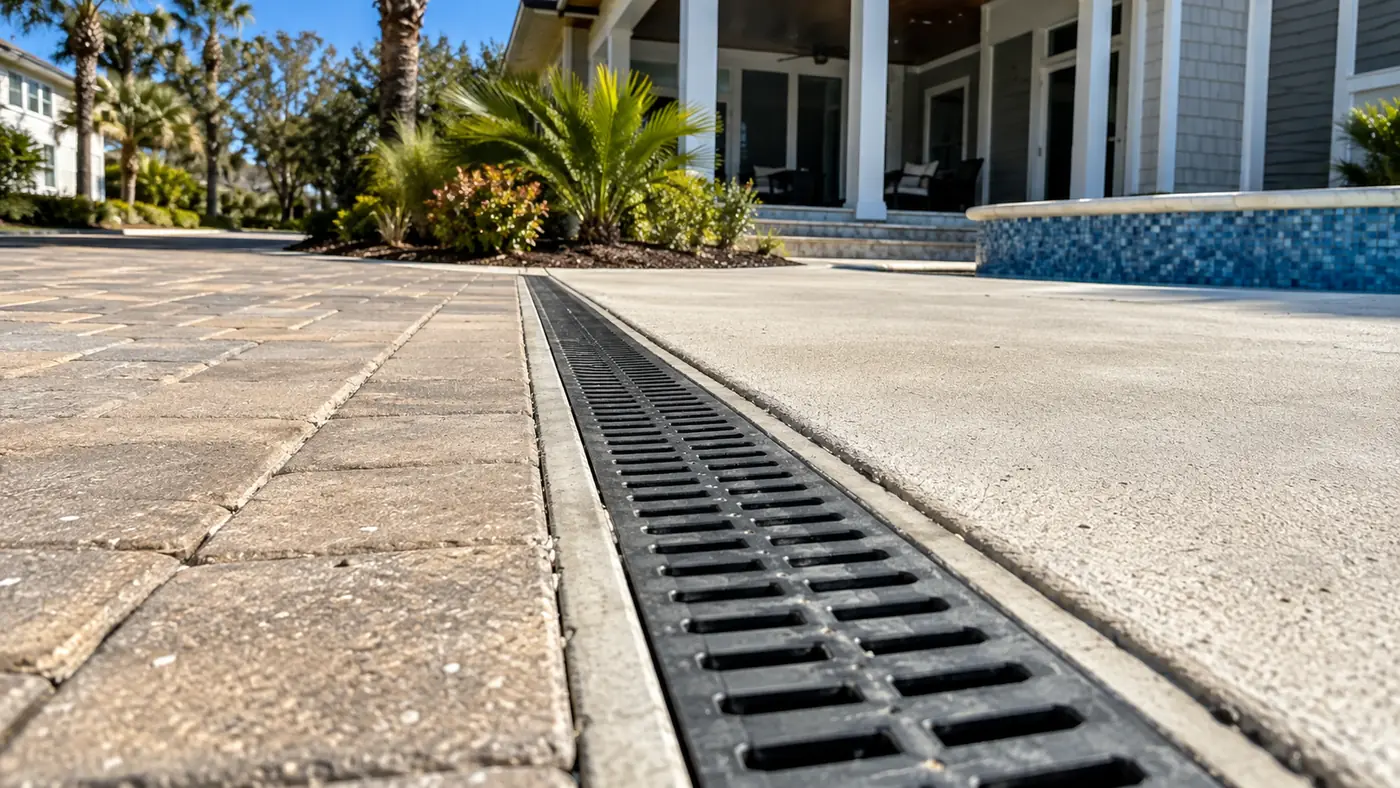 Channel drain Concept rendering: channel drain set between a paver patio and a concrete pool deck in Nassau County, FL