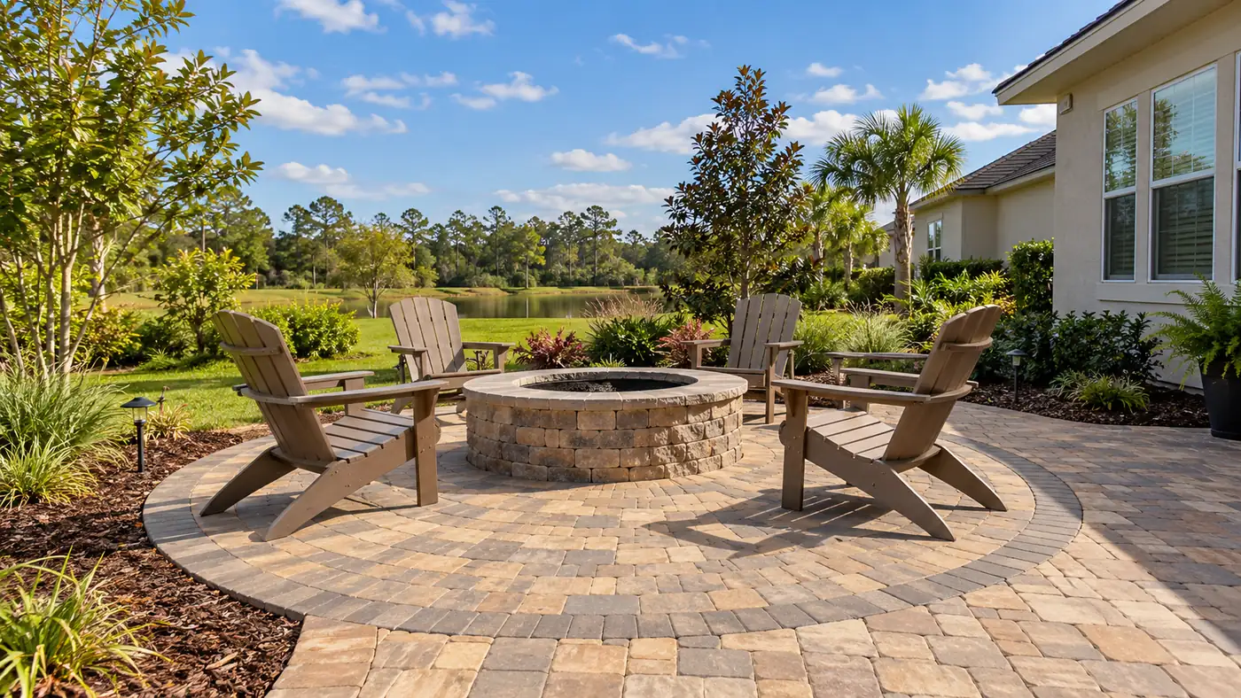 Circular patio with fire pit Concept rendering: circular paver patio with a fire pit and Adirondack chairs overlooking a lake in Nassau County, FL