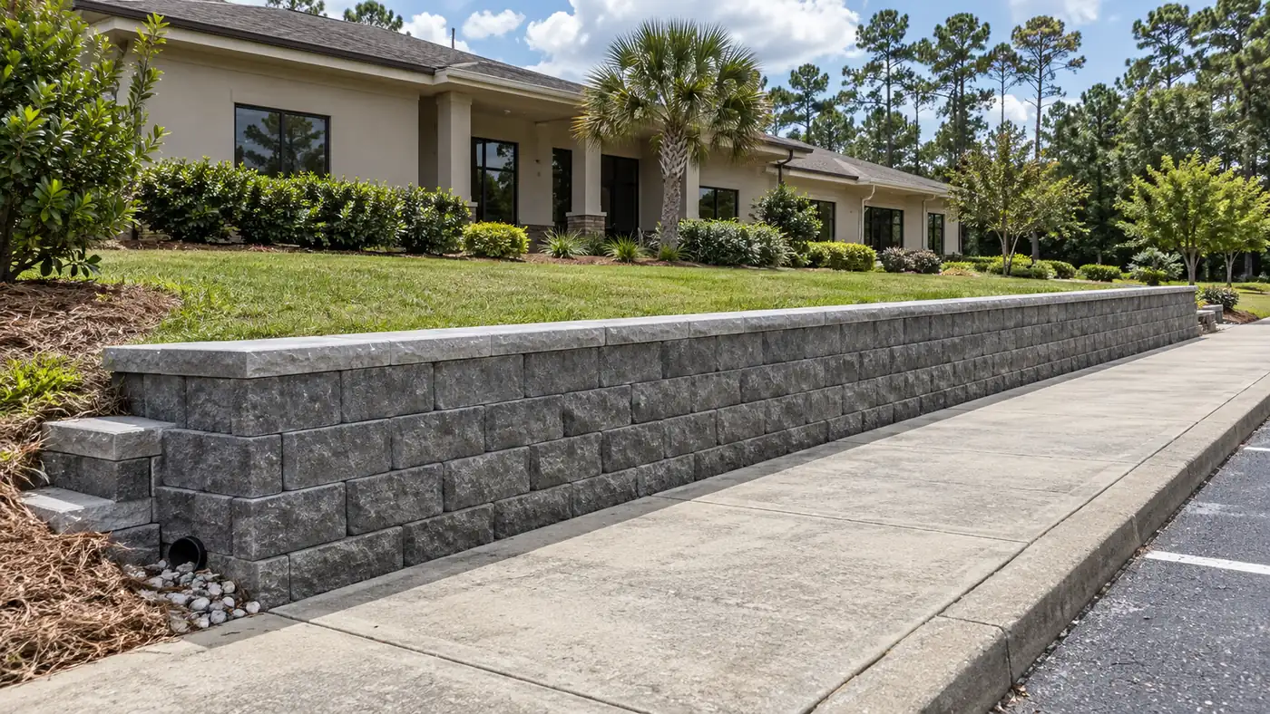 Commercial retaining wall Concept rendering: long gray block retaining wall with a drain outlet beside a commercial sidewalk in Nassau County, FL