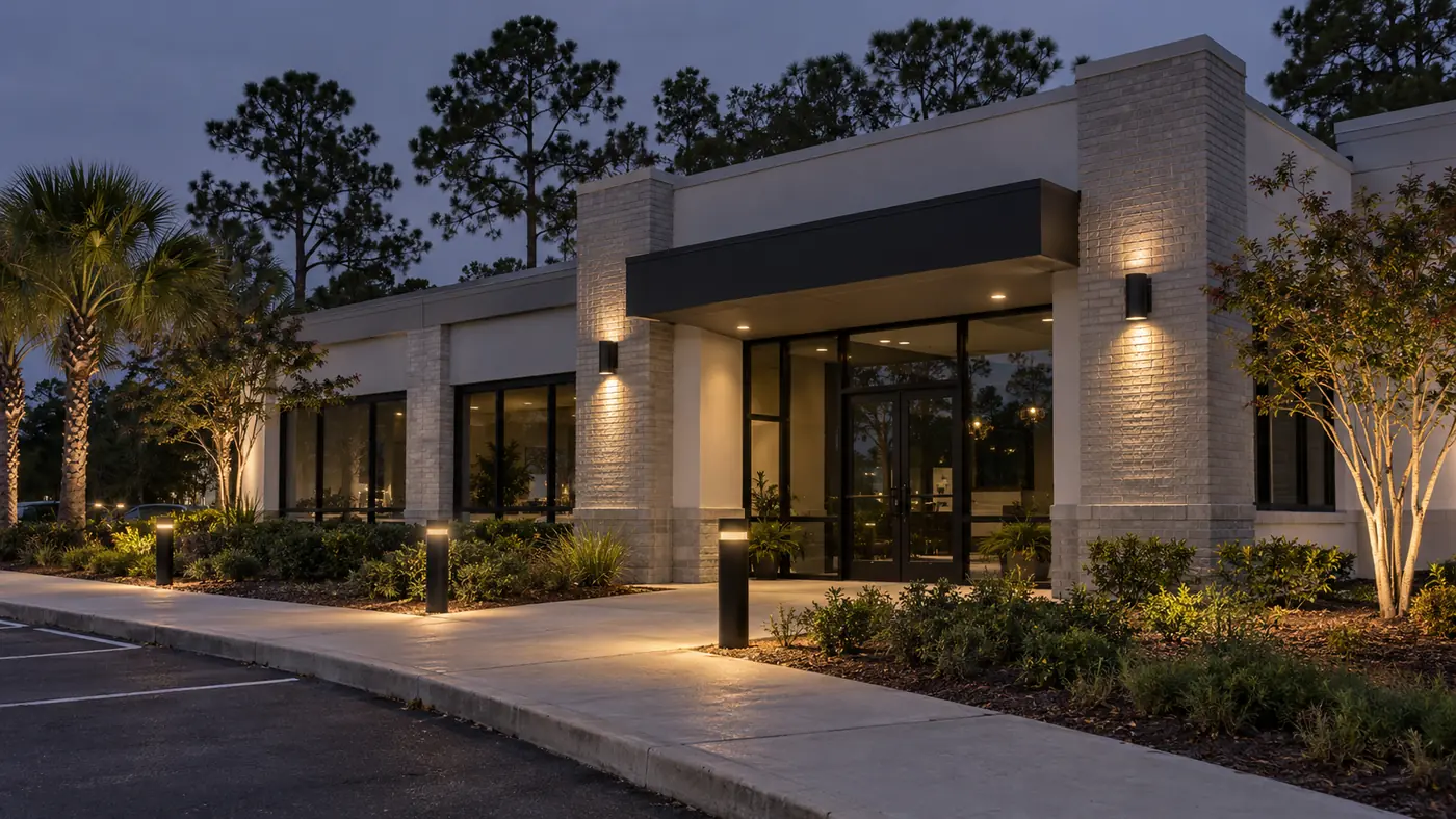 Commercial entry lighting Concept rendering: bollard and wall lights at a commercial building entry at dusk in Nassau County, FL