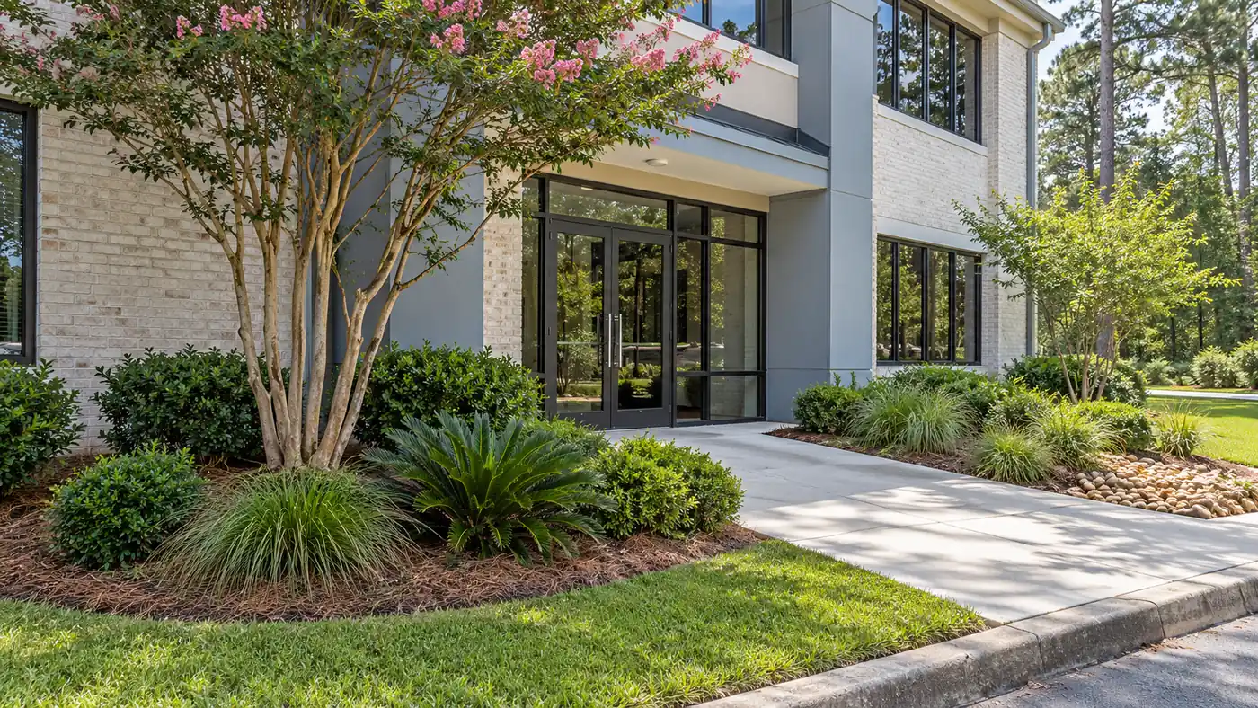 Commercial entry planting Concept rendering: commercial entry landscape with a crape myrtle, shrubs and ornamental grasses in Nassau County, FL