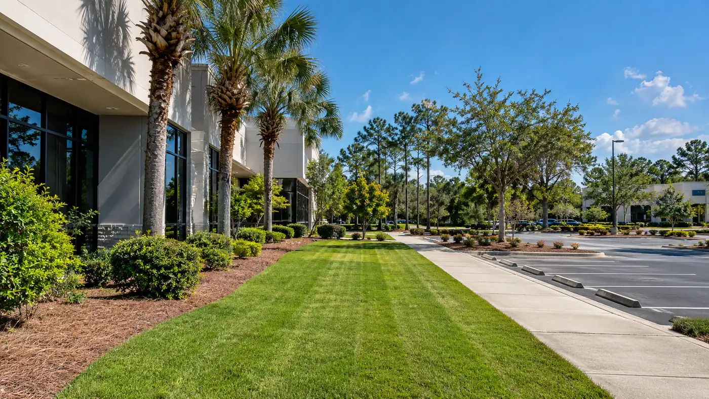 Striped commercial lawn Concept rendering: striped commercial lawn and trimmed shrubs along an office building sidewalk in Nassau County, FL