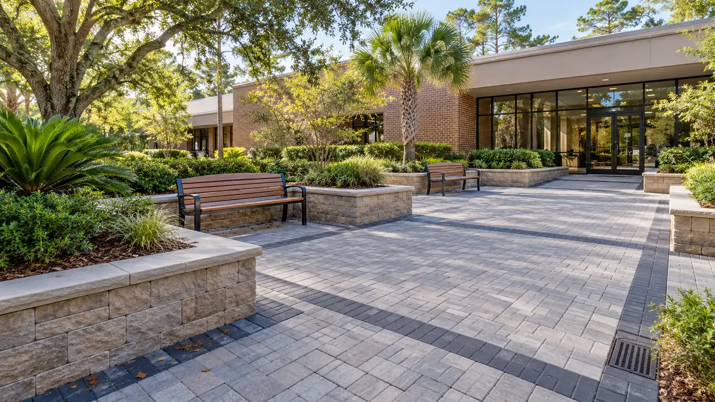 Commercial paver plaza Concept rendering: commercial paver plaza with stone planter walls and benches at a building entrance in Nassau County, FL