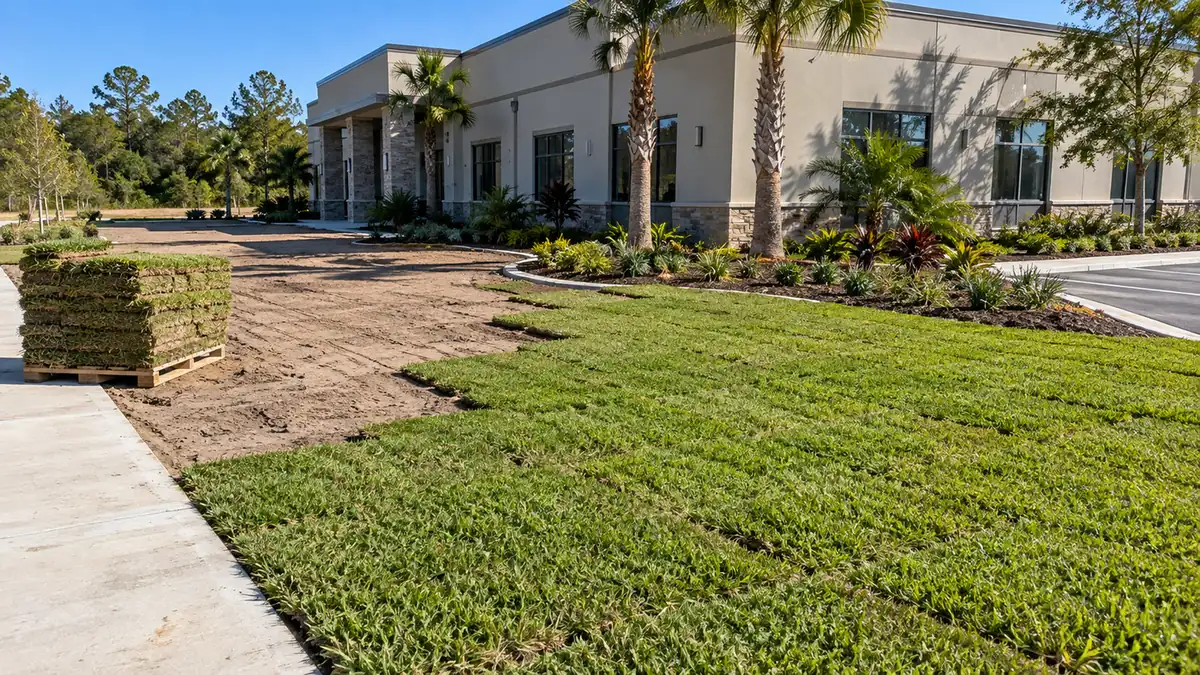 Commercial sod install Concept rendering: sod installation at a commercial building with pallets staged on the drive in Nassau County, FL