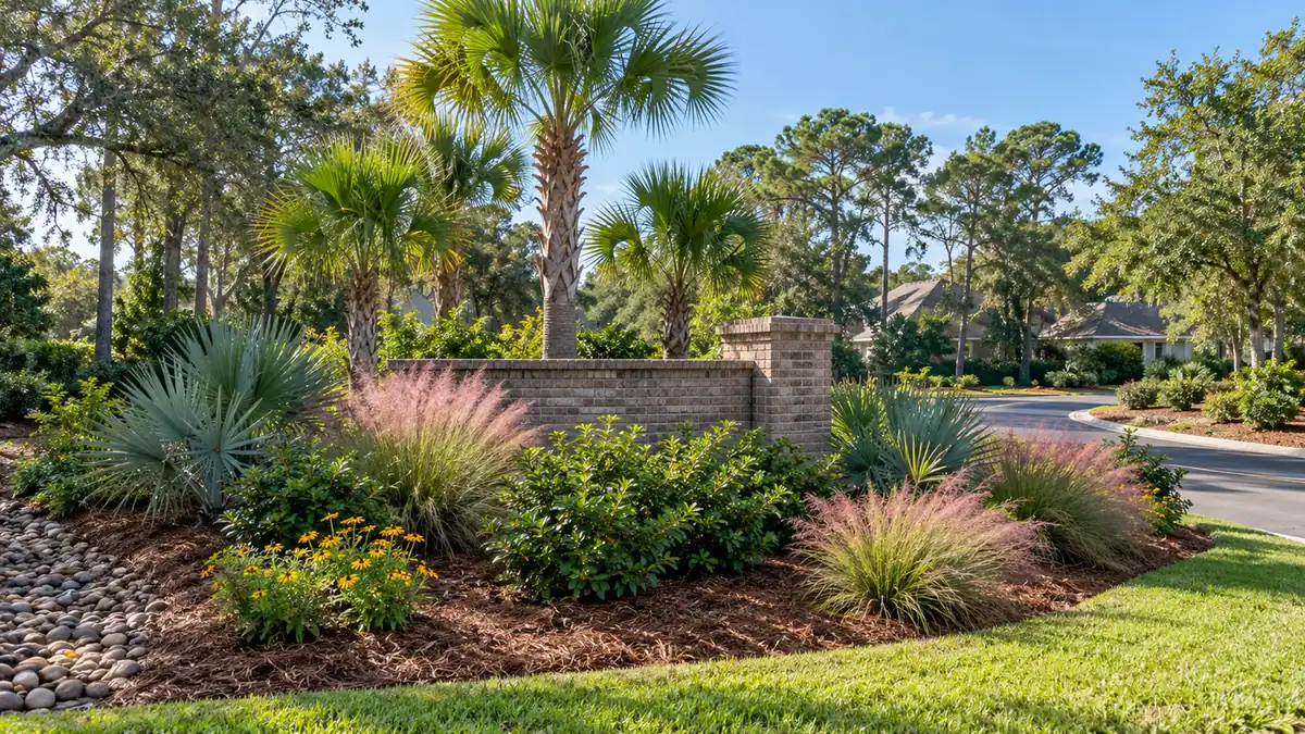 Community entrance landscape Concept rendering: community entrance landscape with palms, pink muhly grass and a brick sign wall in Nassau County, FL