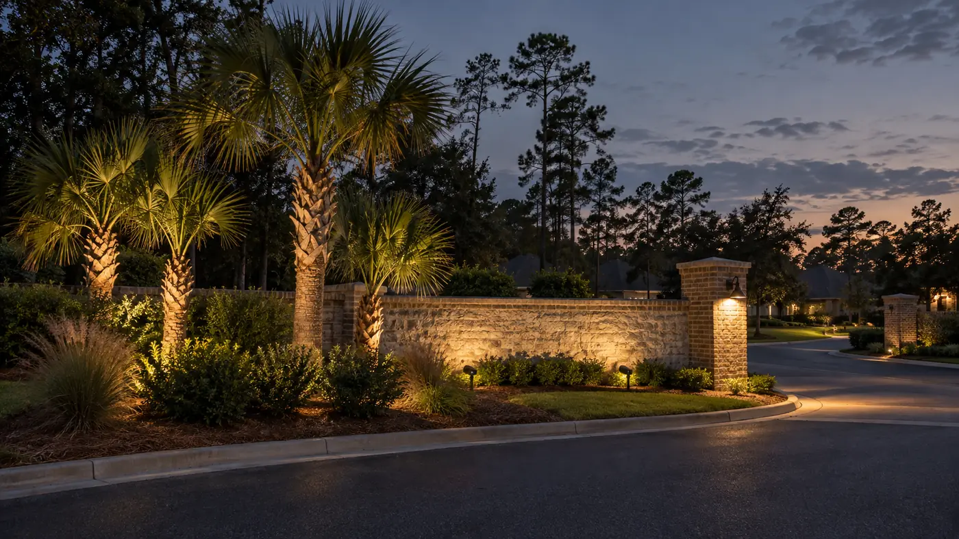Entrance lighting Concept rendering: uplit palms and a stone sign wall at a community entrance at dusk in Nassau County, FL