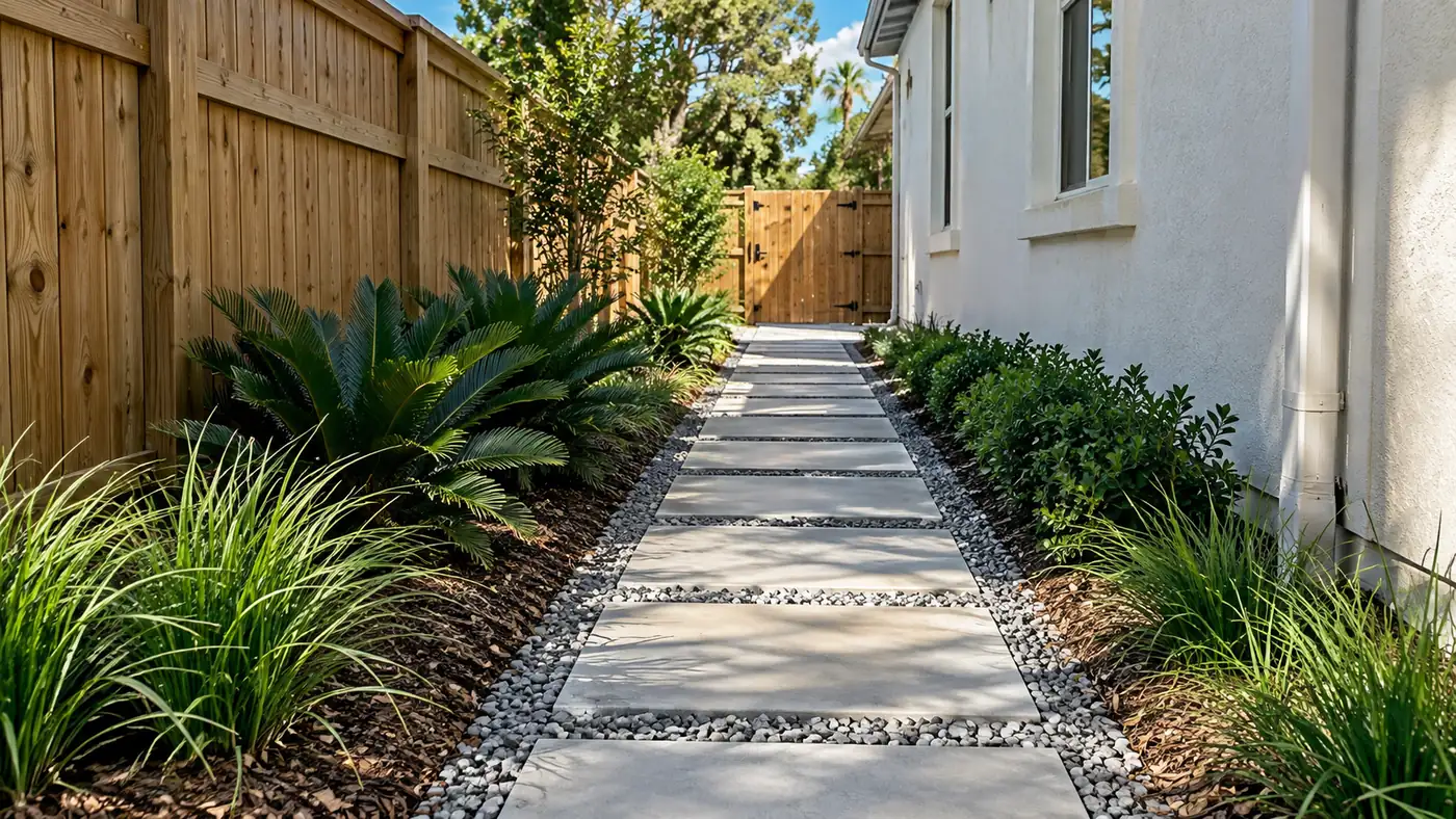 Side yard stepping pads Concept rendering: concrete stepping pads set in gravel along a side yard with a wood fence in Nassau County, FL
