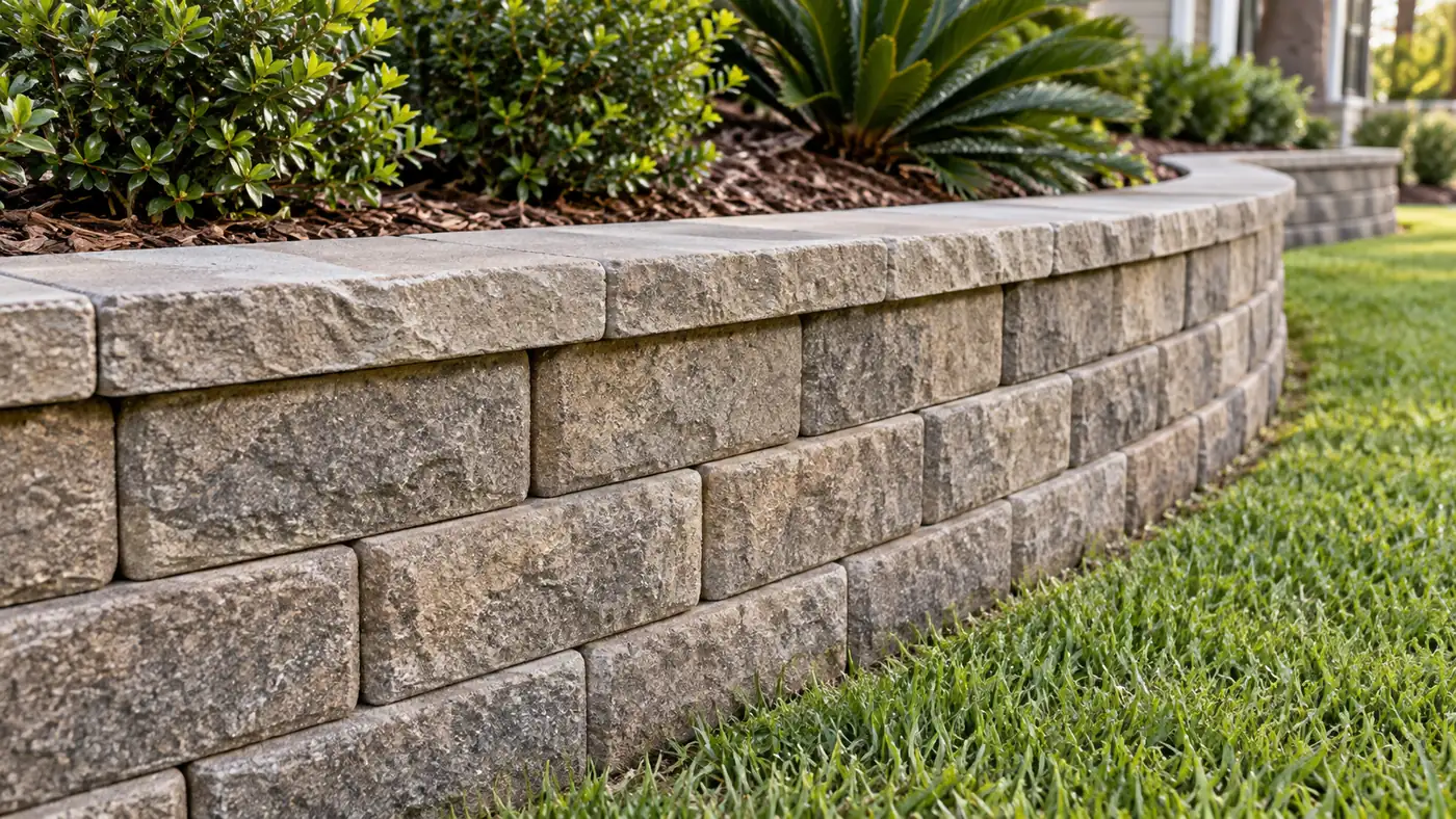 Curved block wall detail Concept rendering: close-up of a curved split-face block retaining wall with cap stones in Nassau County, FL