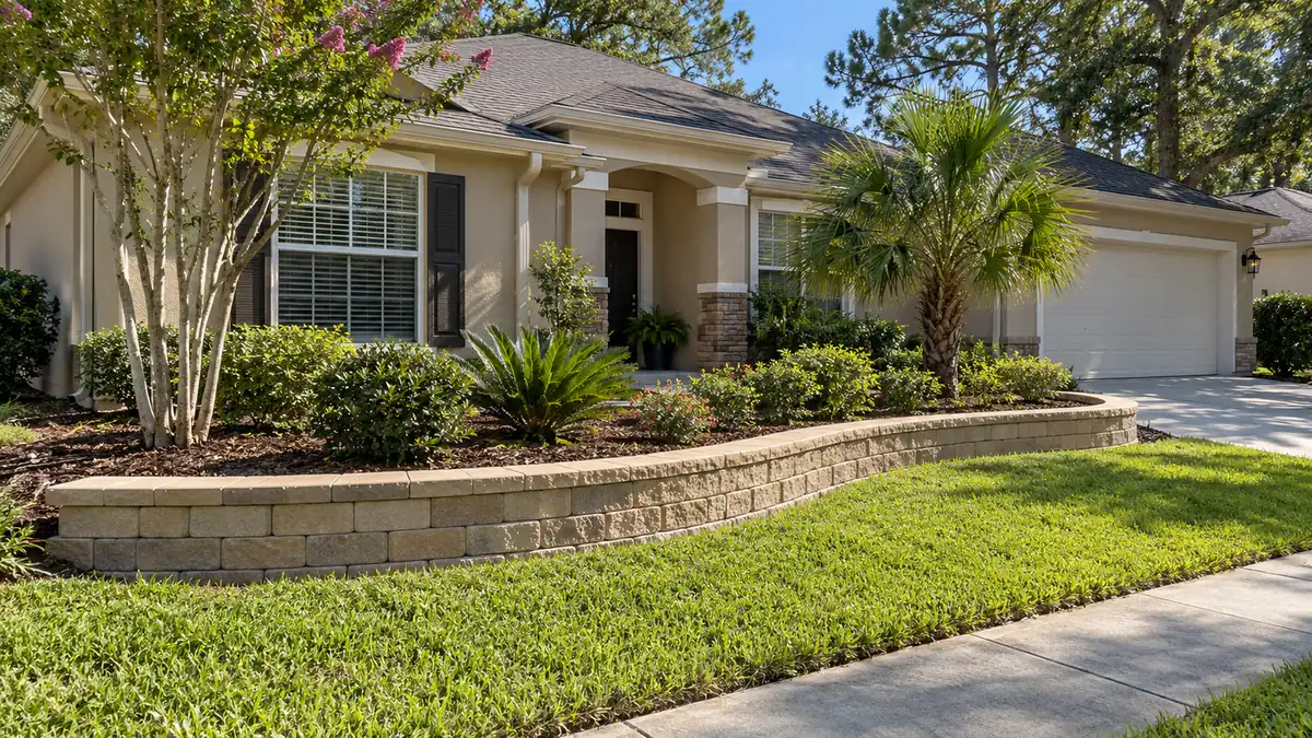 Front yard garden wall Concept rendering: curved block garden wall holding a planted front yard bed at a stucco home in Nassau County, FL