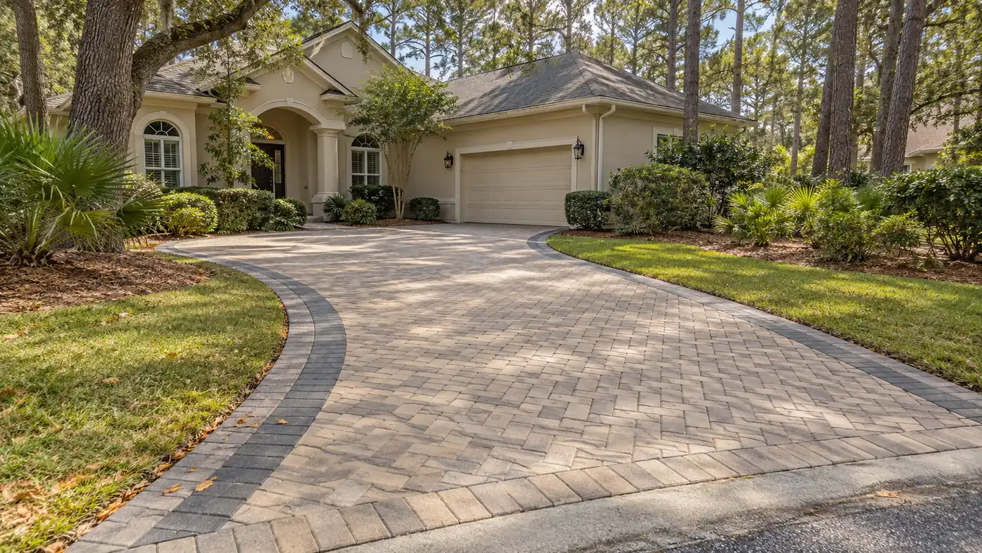 Curved paver driveway Concept rendering: curved tan paver driveway with a dark border leading to a stucco home in Nassau County, FL