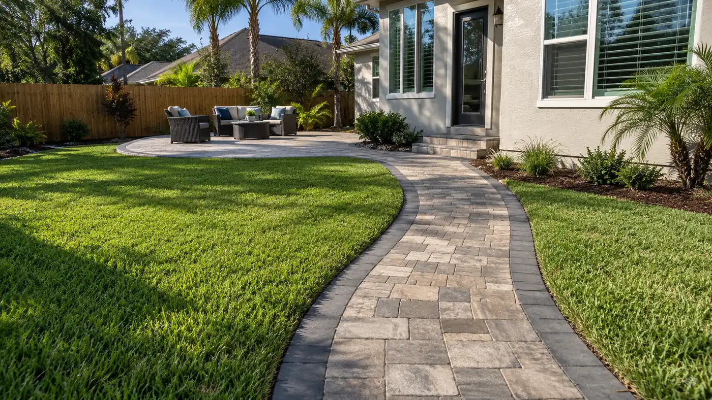 Path to a backyard patio Concept rendering: curved paver path crossing a lawn to a backyard patio in Nassau County, FL