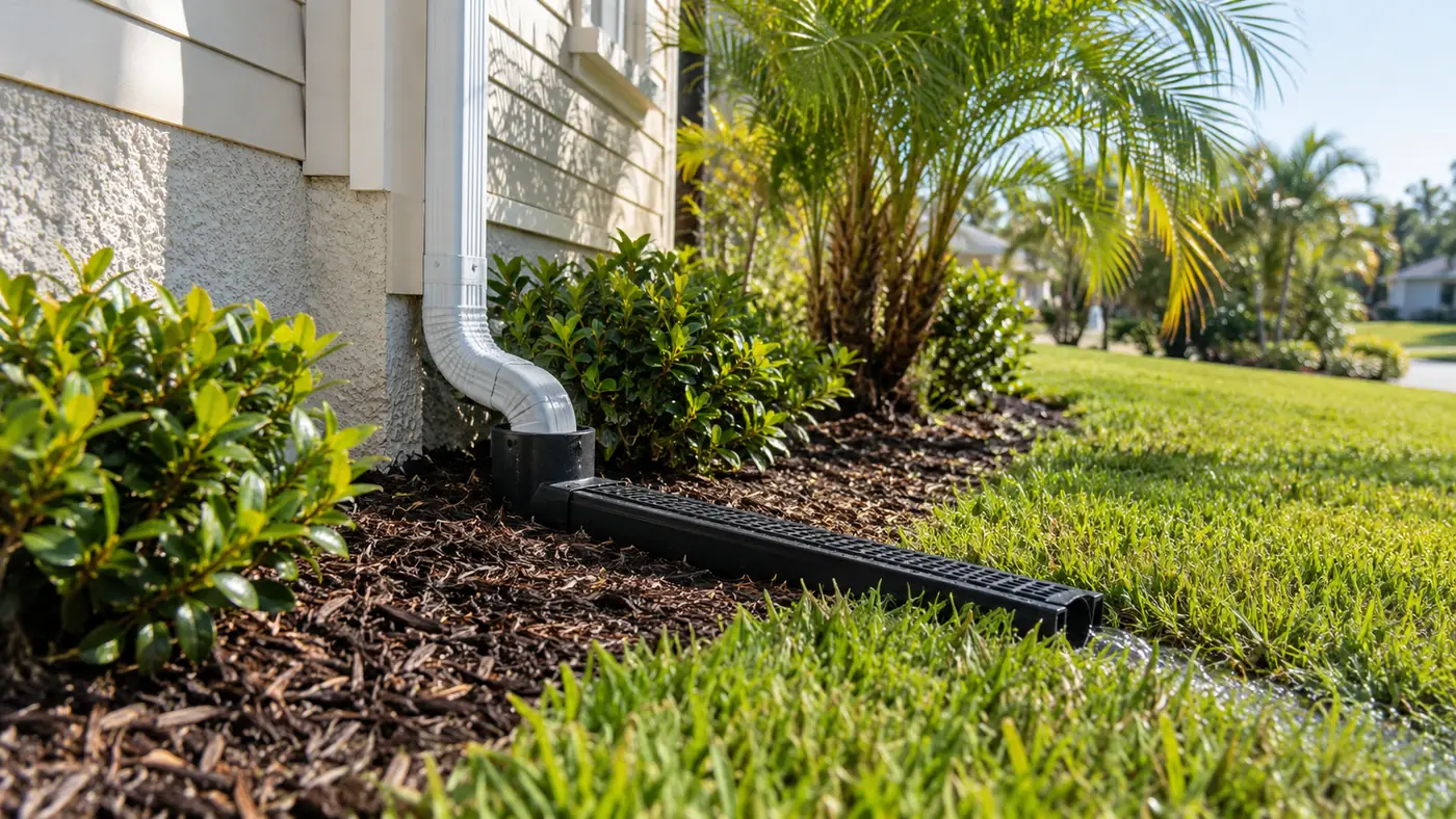 Downspout drain tie-in Concept rendering: downspout tied into a buried drain extension through a mulch bed in Nassau County, FL