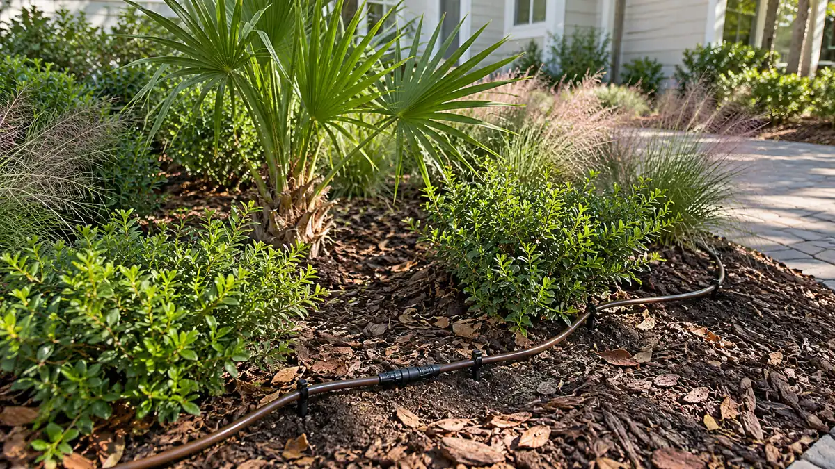 Drip line in a plant bed Concept rendering: drip irrigation line watering a saw palmetto and shrubs in a mulch bed in Nassau County, FL