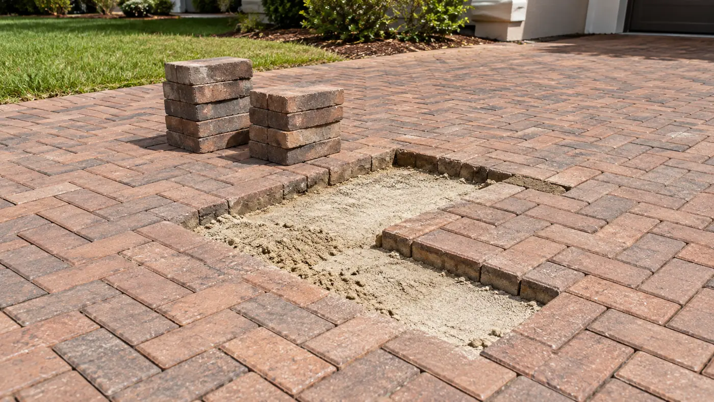 Driveway paver repair Concept rendering: driveway paver repair with a lifted section, bedding sand and stacked pavers in Nassau County, FL