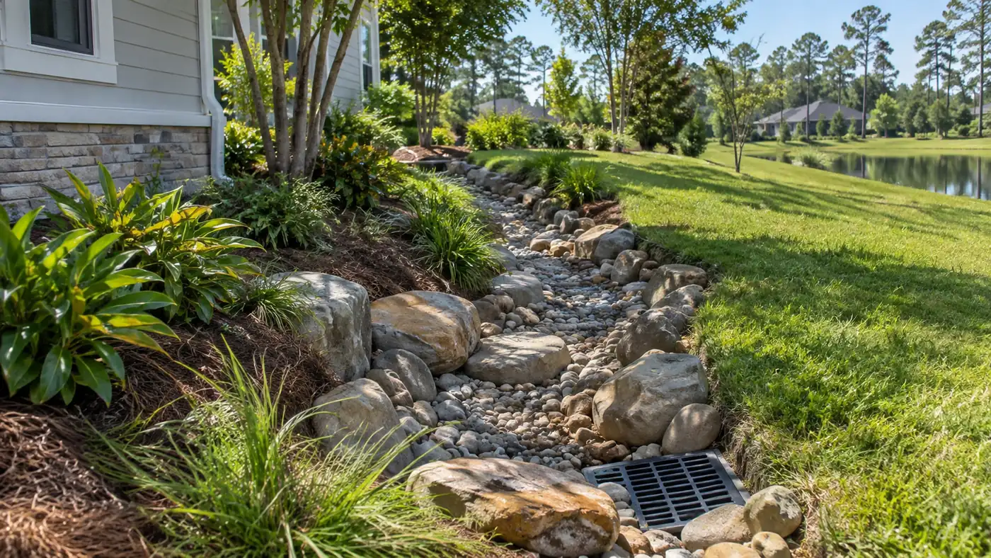 Dry creek bed Concept rendering: dry creek bed of river rock with a drain grate running through a side yard in Nassau County, FL