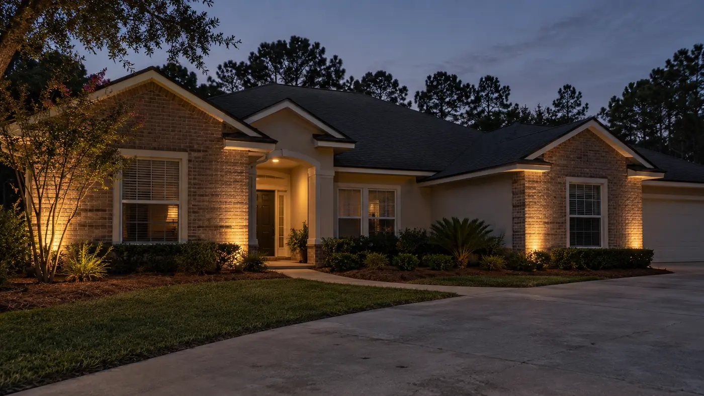 Home facade lighting Concept rendering: warm uplighting on the brick columns and entry of a single-story home at dusk in Nassau County, FL