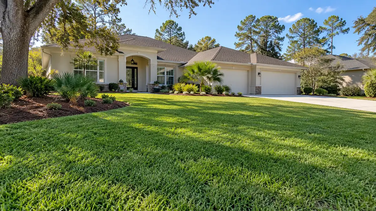 Finished sod lawn Concept rendering: finished sod front lawn with mulch beds at a single-story stucco home in Nassau County, FL
