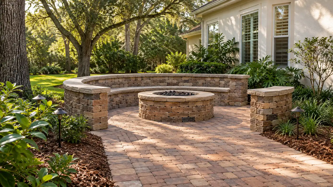 Fire pit with seat wall Concept rendering: round fire pit with a curved seat wall and pillars on a brick paver patio in Nassau County, FL