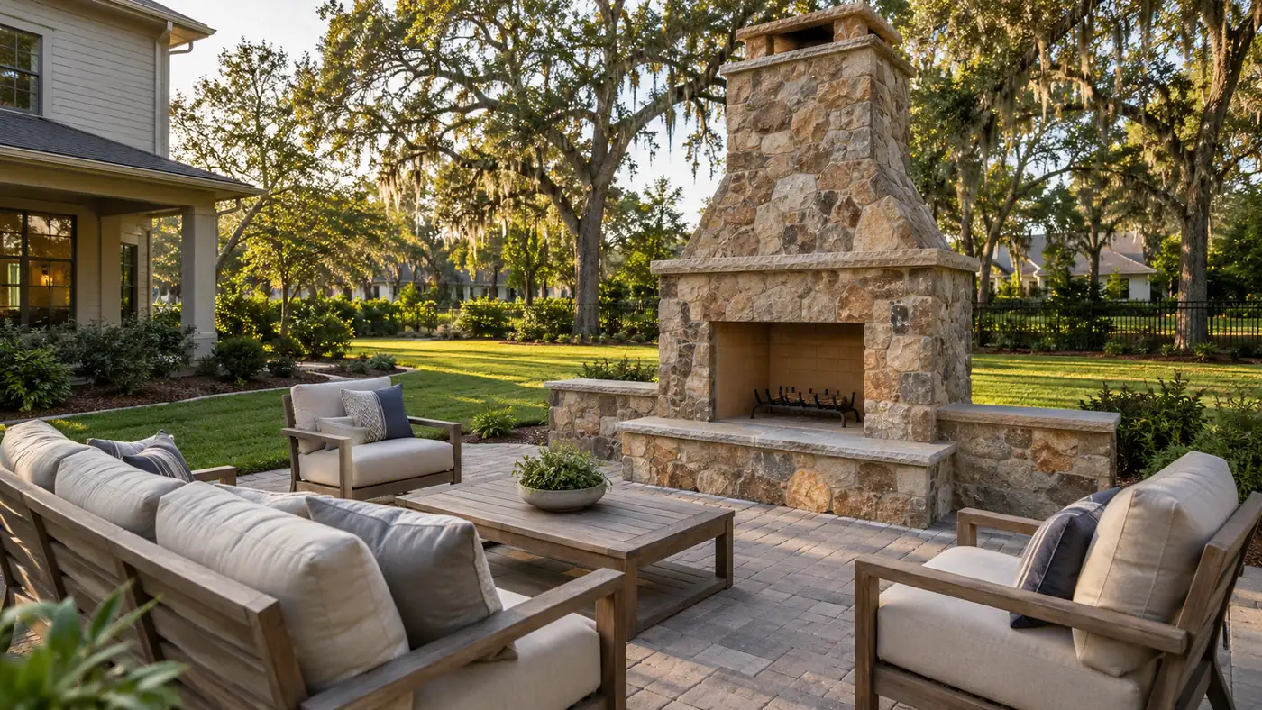 Freestanding stone fireplace Concept rendering: freestanding stone fireplace with seat walls and outdoor seating under live oaks in Nassau County, FL
