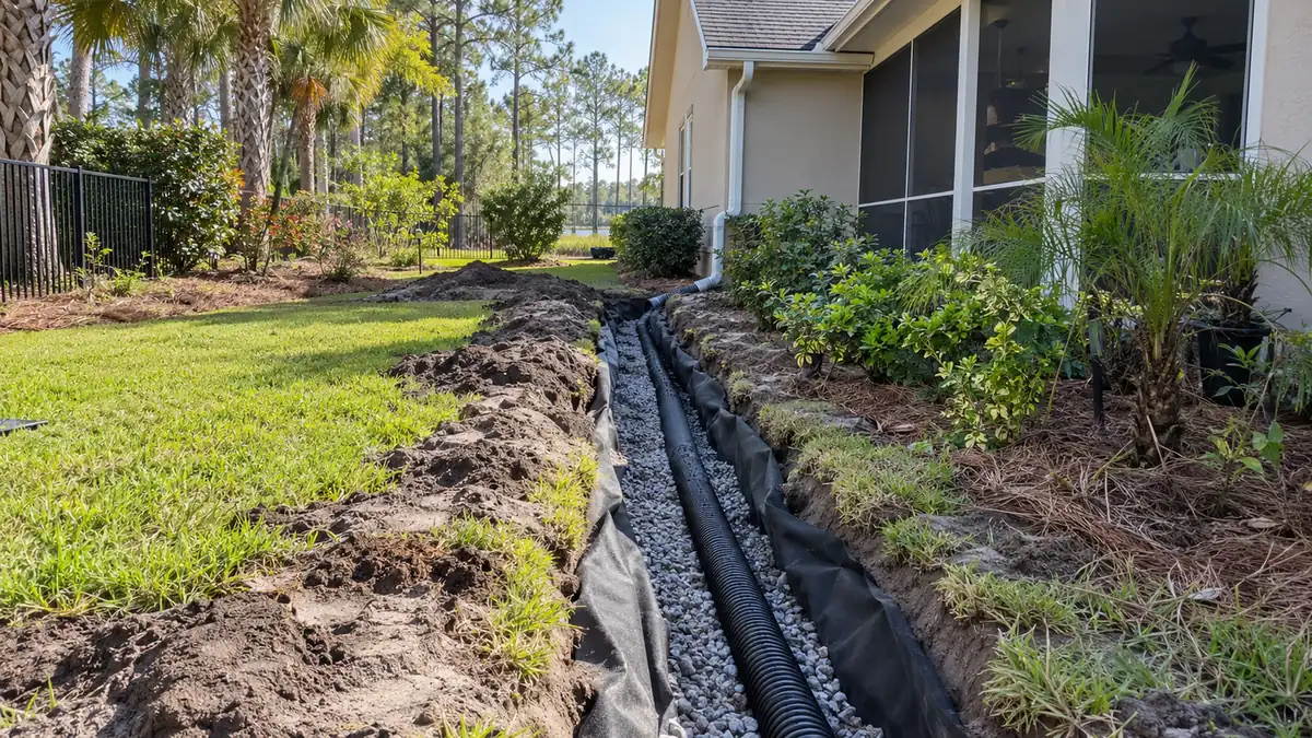 French drain installation Concept rendering: French drain trench with perforated pipe, gravel and filter fabric along a backyard in Nassau County, FL