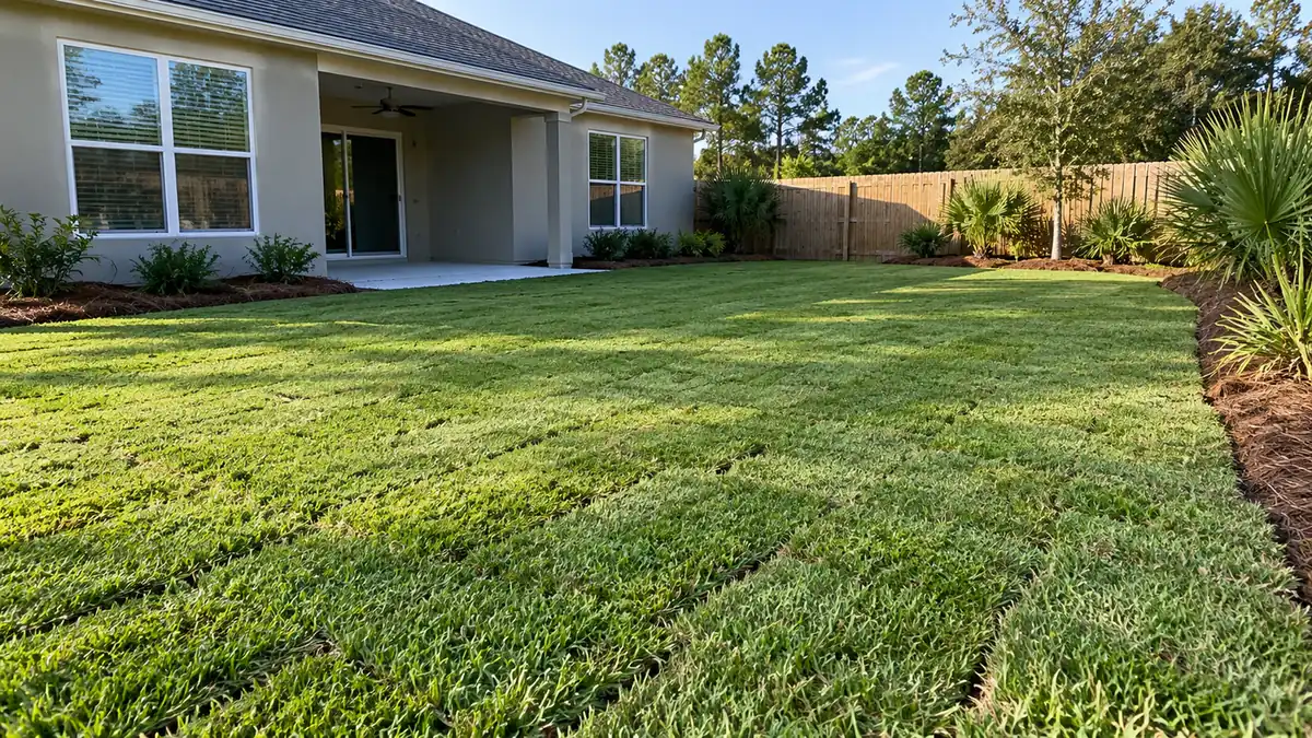 Fresh backyard sod Concept rendering: freshly laid sod showing seams in a backyard behind a covered patio in Nassau County, FL