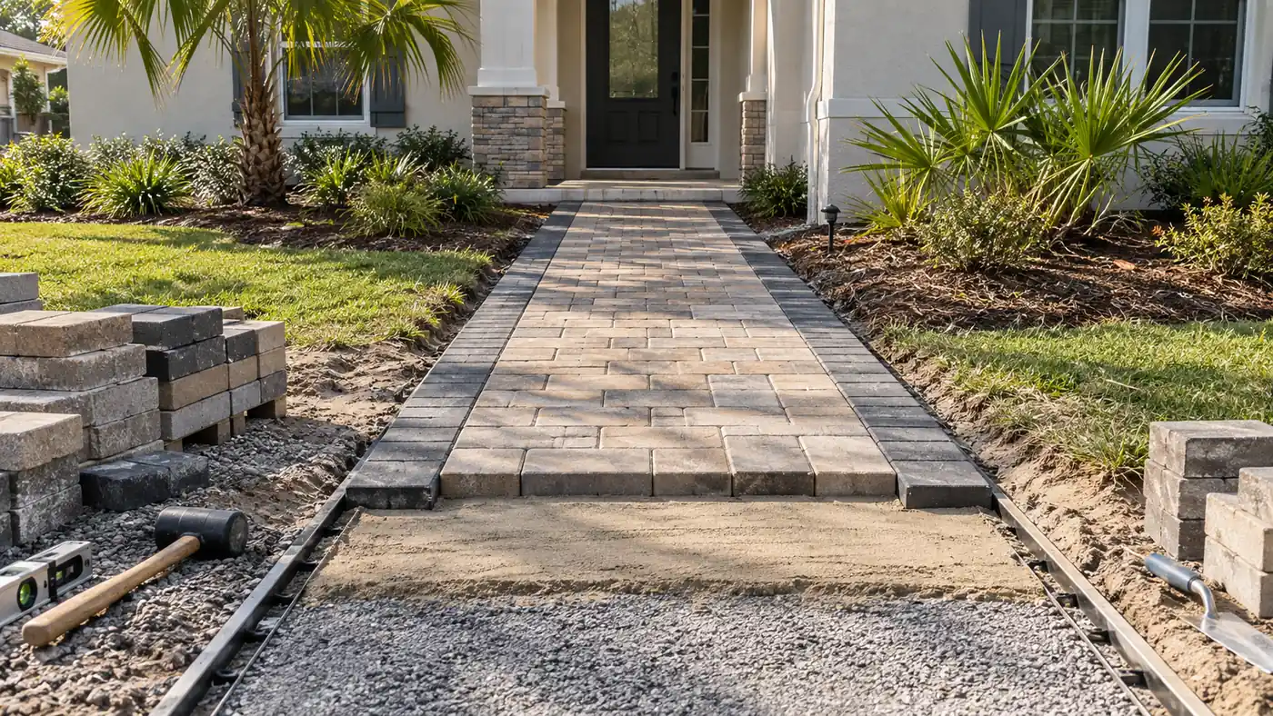 Walkway under construction Concept rendering: front entry paver walkway under construction with gravel base and edge restraint in Nassau County, FL