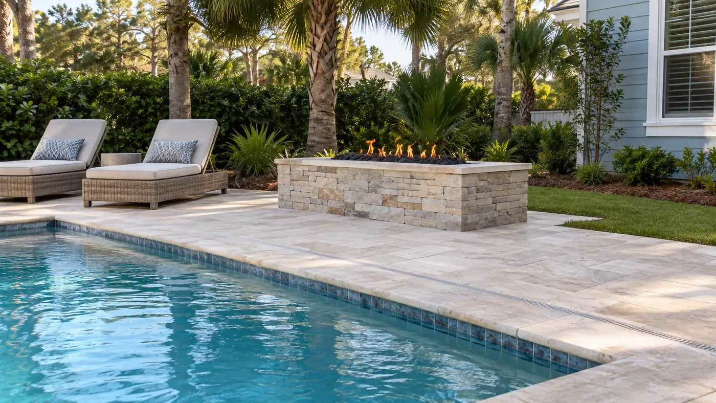 Poolside gas fire feature Concept rendering: linear gas fire feature in stacked stone beside a pool with travertine decking in Nassau County, FL