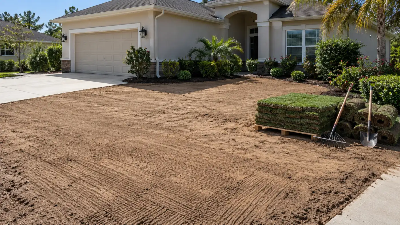 Graded yard before sod Concept rendering: graded soil with a sod pallet, rake and shovel ready for installation in Nassau County, FL