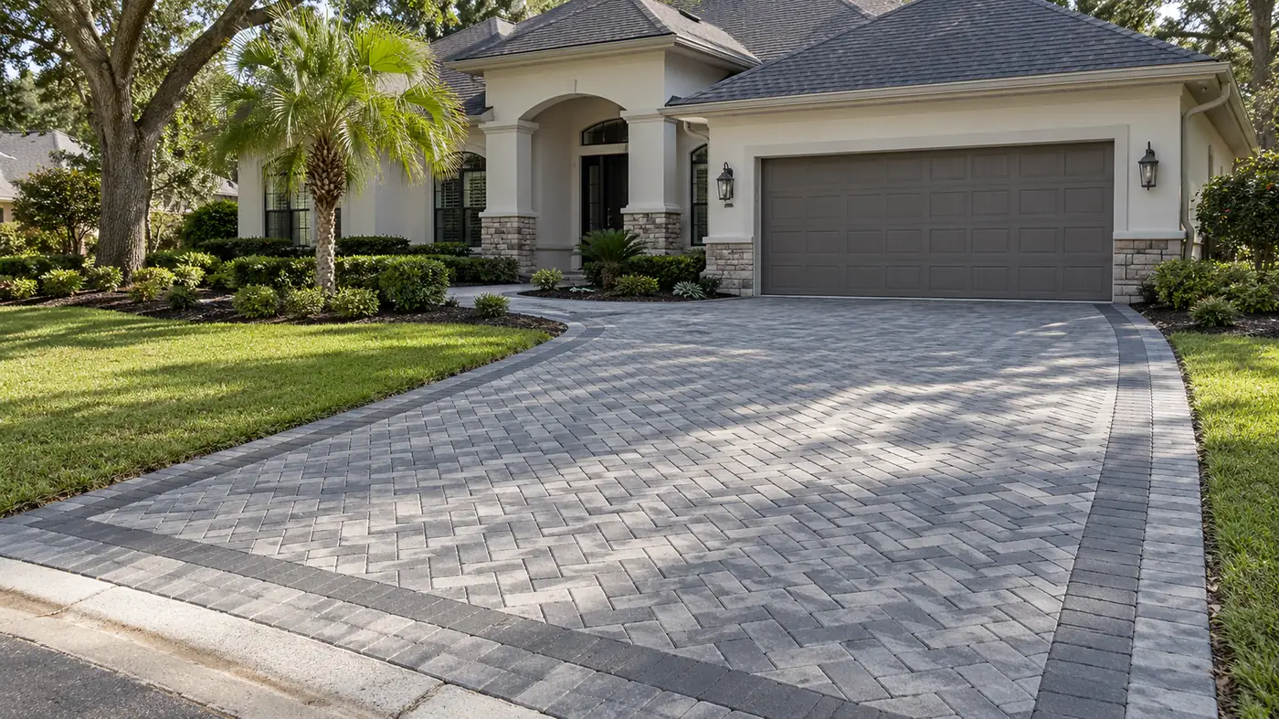 Gray herringbone driveway Concept rendering: gray herringbone paver driveway with a charcoal border at a stucco home in Nassau County, FL
