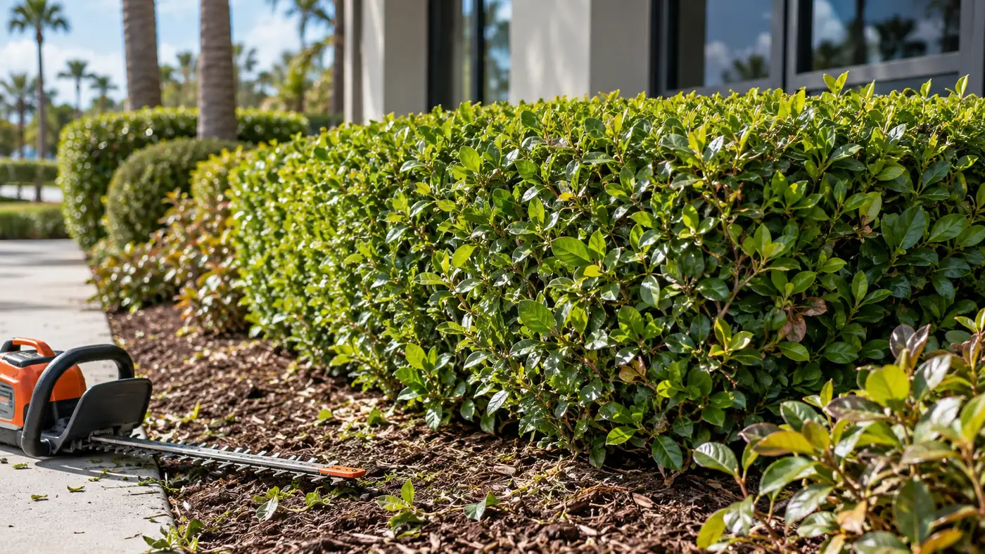 Hedge trimming Concept rendering: freshly trimmed hedge with a hedge trimmer resting on the mulch bed in Nassau County, FL