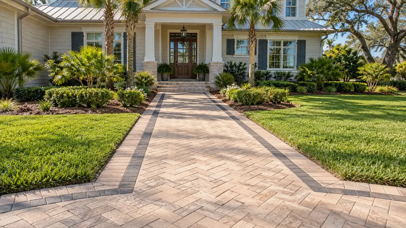 Front entry walkway Concept rendering: herringbone paver front walkway with a border leading to a coastal home entry in Nassau County, FL