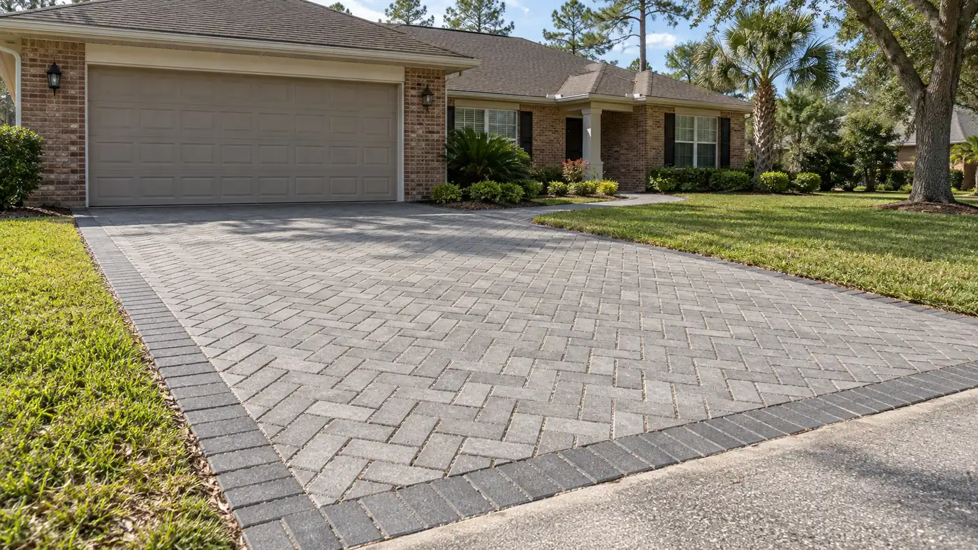 Herringbone paver driveway Concept rendering: gray herringbone paver driveway with a dark border at a brick home in Nassau County, FL