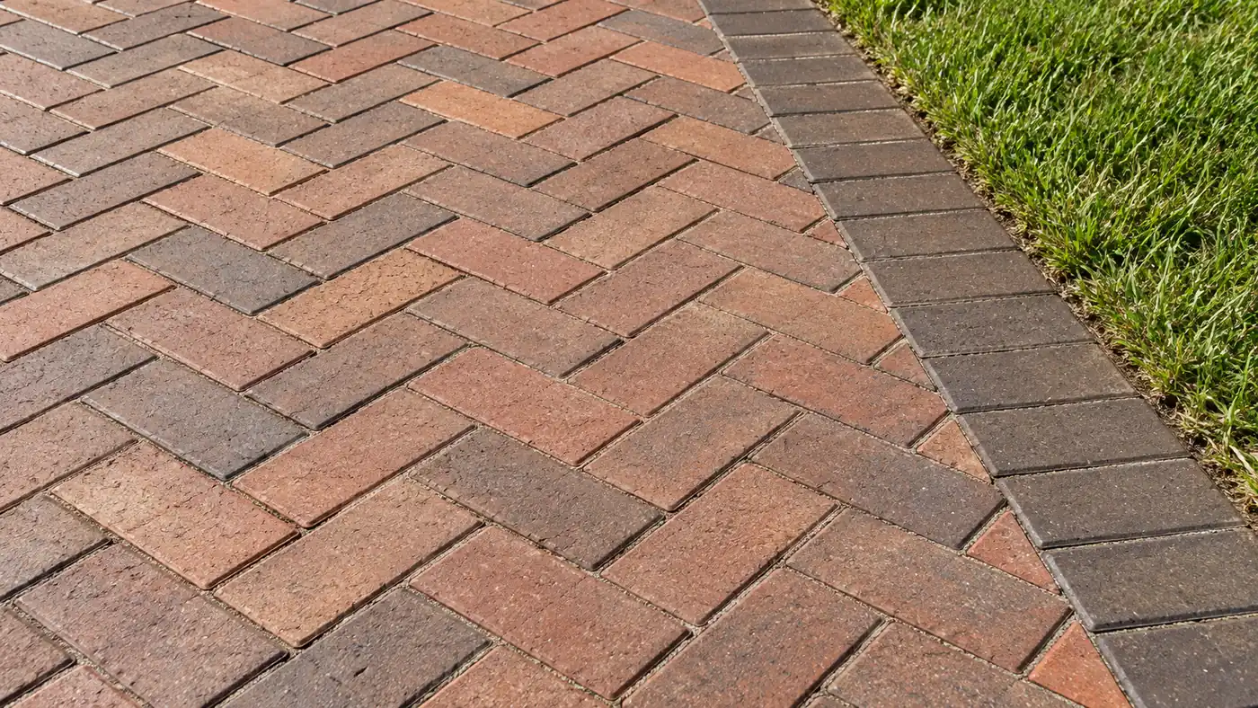 Herringbone paver detail Concept rendering: close-up of red herringbone pavers with a charcoal soldier-course border in Nassau County, FL