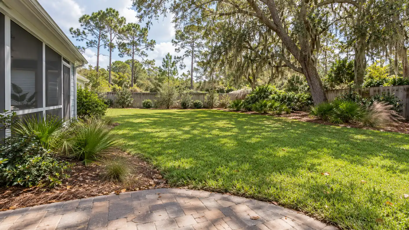 Irrigated backyard lawn Concept rendering: irrigated backyard lawn and plant beds under a live oak with a paver path in Nassau County, FL