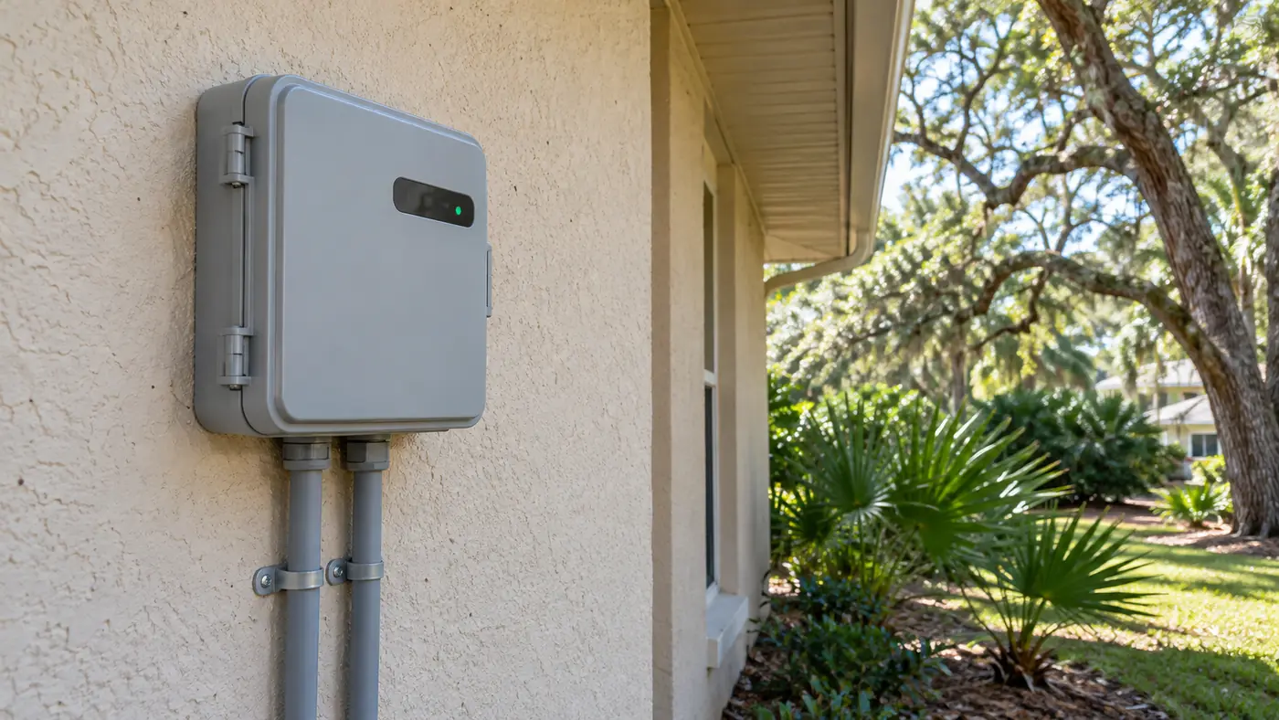 Irrigation controller Concept rendering: irrigation controller mounted on a stucco wall with conduit in Nassau County, FL