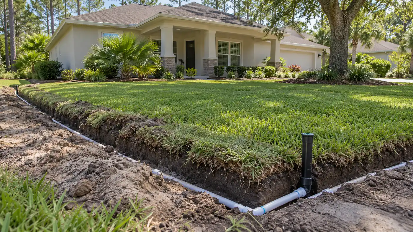 Irrigation trenching Concept rendering: irrigation trench with PVC pipe and a pop-up sprinkler head along a front lawn in Nassau County, FL