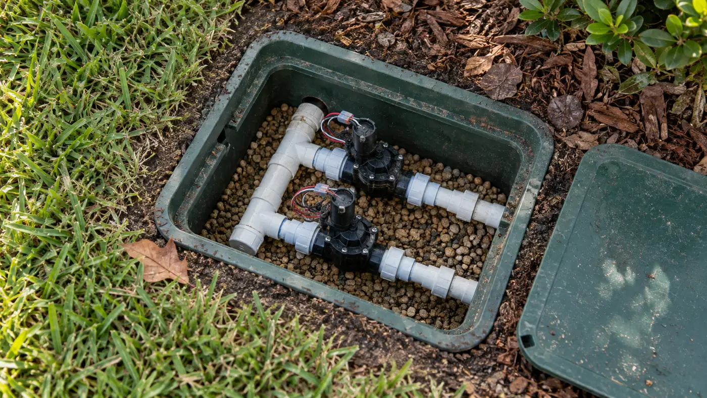 Valve box and manifold Concept rendering: open irrigation valve box showing a PVC manifold and two zone valves in Nassau County, FL