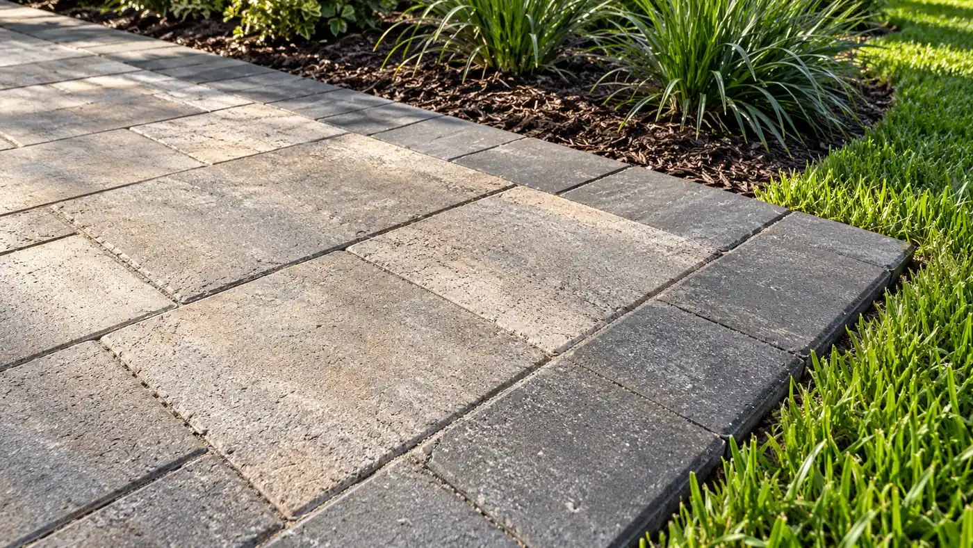 Paver edge detail Concept rendering: close-up of large-format pavers with a dark edge course beside turf in Nassau County, FL