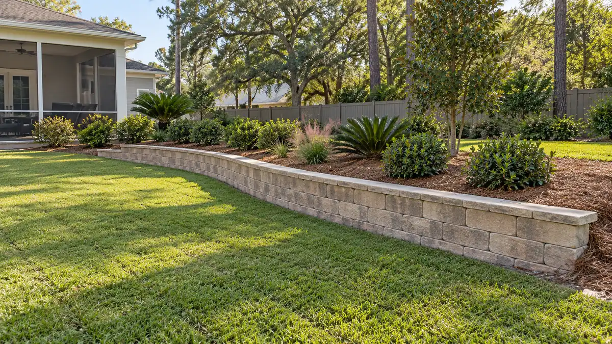 Low garden wall Concept rendering: low block retaining wall edging a planted backyard bed in Nassau County, FL