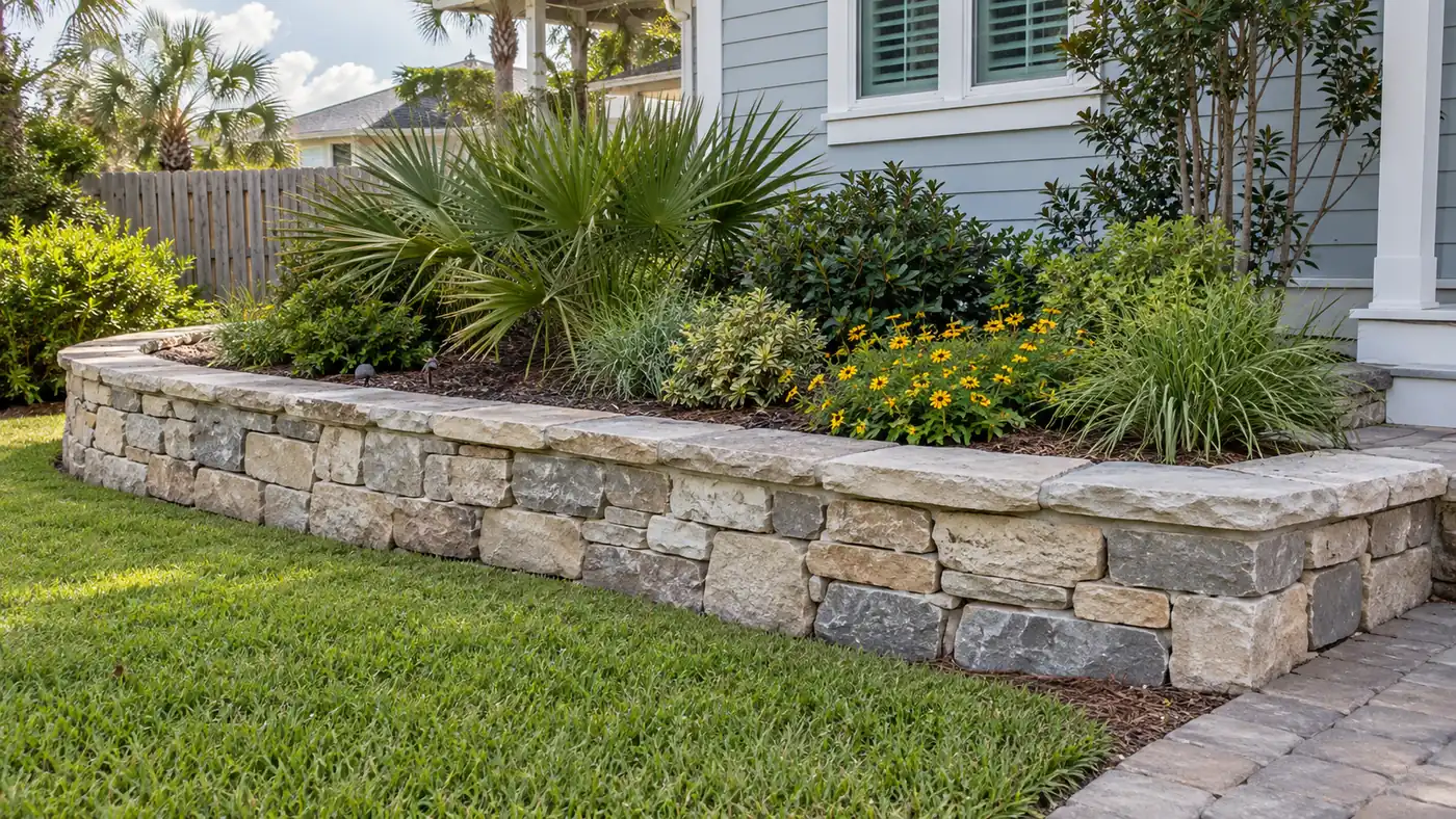 Natural stone wall Concept rendering: natural stone retaining wall with a planted bed above a lawn in Nassau County, FL