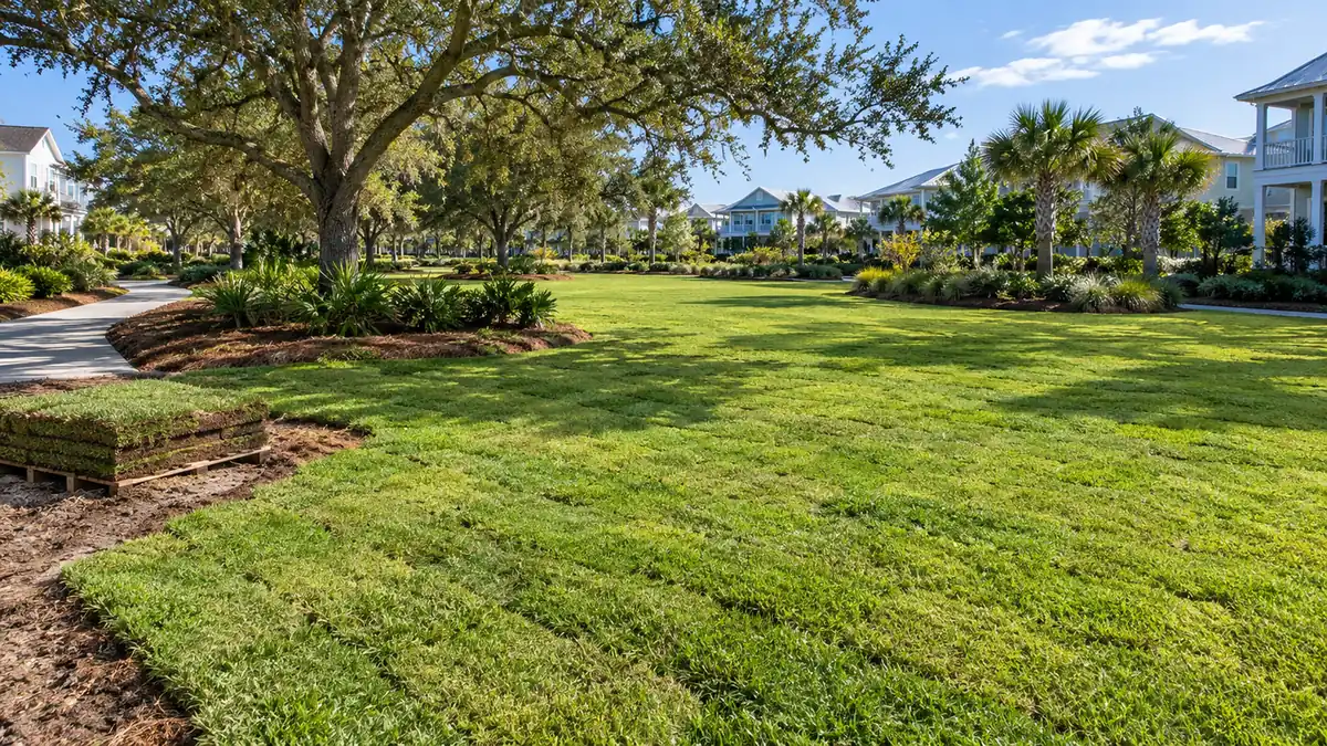 New lawn under a live oak Concept rendering: new sod lawn under a live oak with a leftover sod pallet in a coastal community in Nassau County, FL